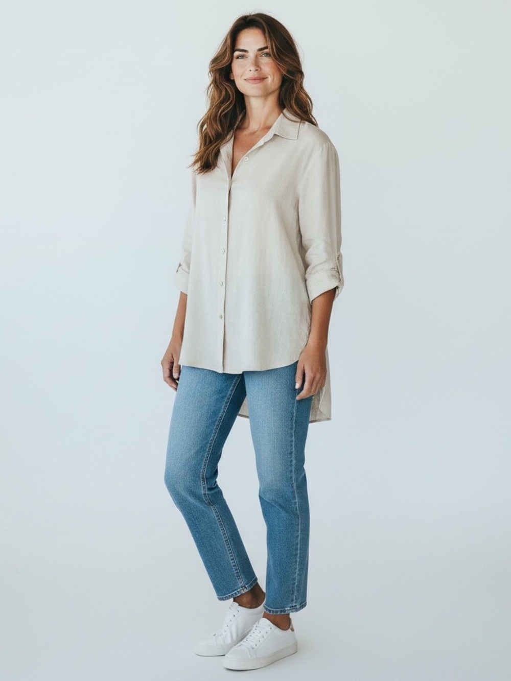 Paperwhite Classic Button-Down Tunic Shirt - Cream